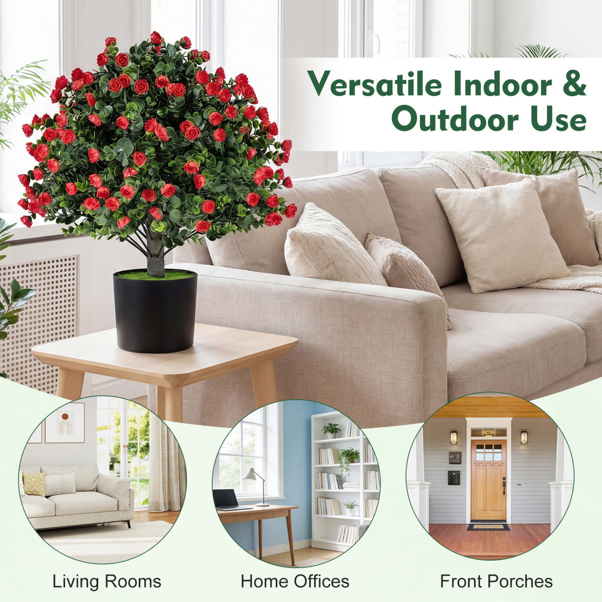 2 Pack Artificial Rose Topiary Ball Trees with PP Cement-Filled Flowerpot for Home