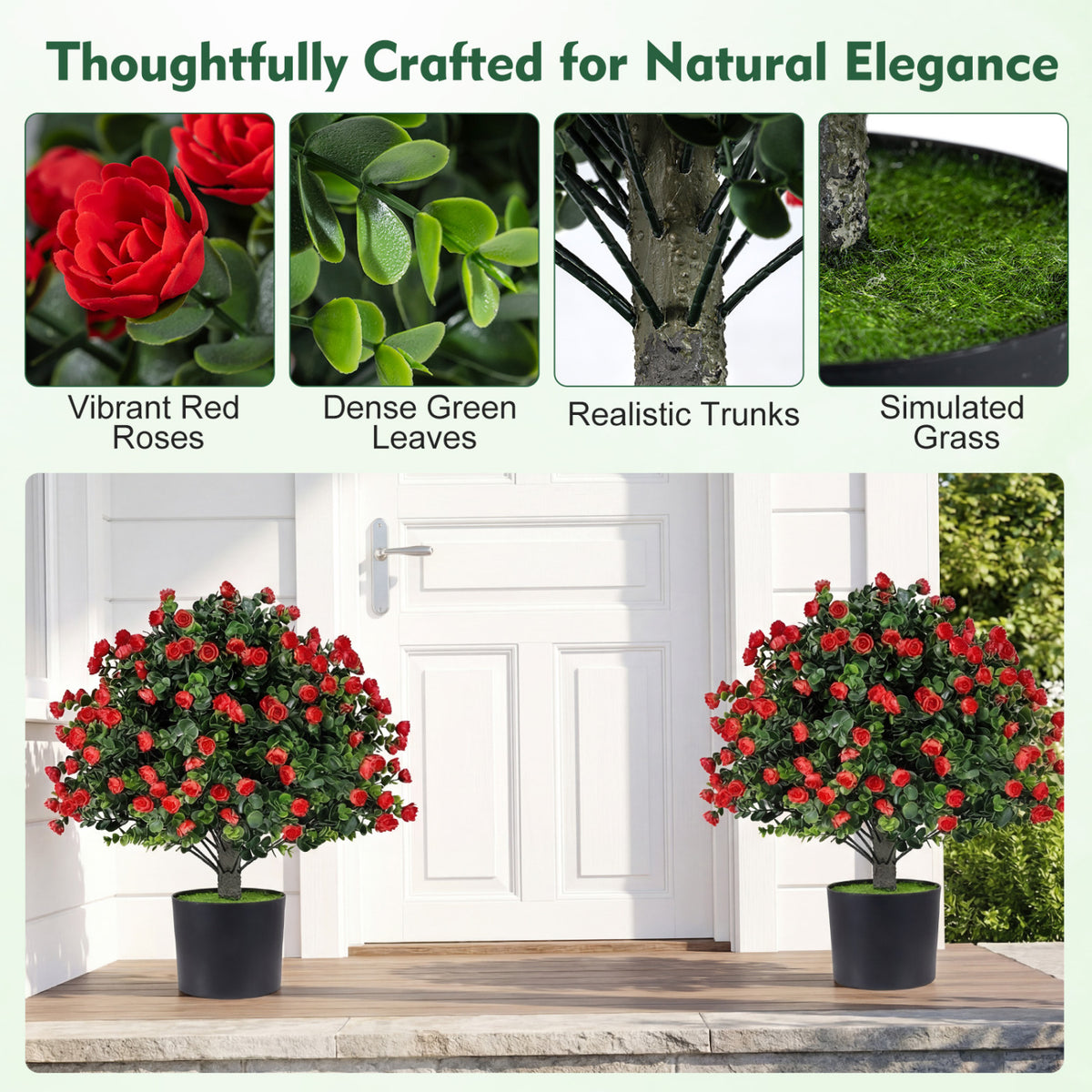 2 Pack Artificial Rose Topiary Ball Trees with PP Cement-Filled Flowerpot for Home