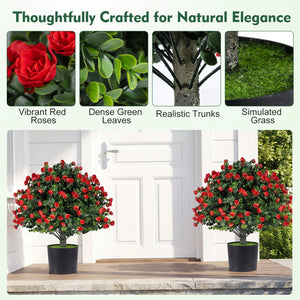 2 Pack Artificial Rose Topiary Ball Trees with PP Cement-Filled Flowerpot for Home