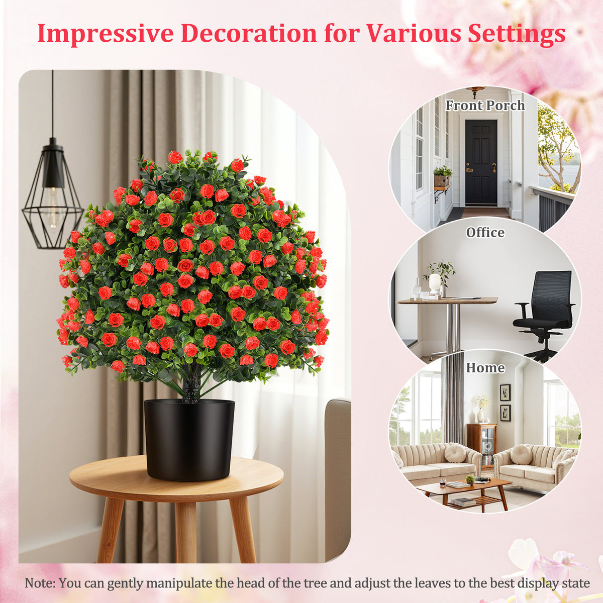 2 Pack Artificial Rose Topiary Ball Tree Faux Shrub Bushes with Flowers-Red