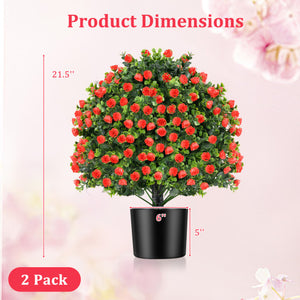 2 Pack Artificial Rose Topiary Ball Tree Faux Shrub Bushes with Flowers-Red
