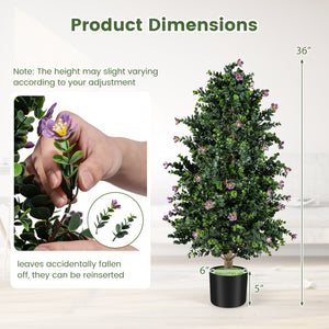 2 Pack Artificial Topiary Cone Tree Faux Potted Shrub Plant with 49 Flowers-purple