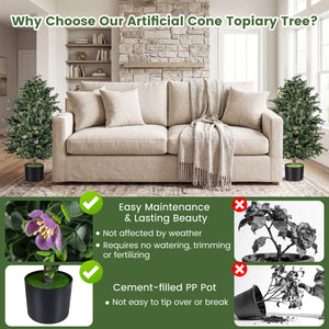 2 Pack Artificial Topiary Cone Tree Faux Potted Shrub Plant with 49 Flowers-purple