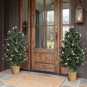 2 Pack Artificial Topiary Cone Tree Faux Potted Shrub Plant with 49 Flowers-White