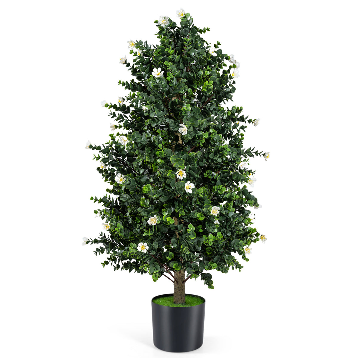 2 Pack Artificial Topiary Cone Tree Faux Potted Shrub Plant with 49 Flowers-White