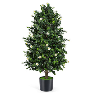 2 Pack Artificial Topiary Cone Tree Faux Potted Shrub Plant with 49 Flowers-White