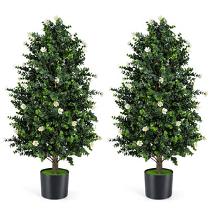 2 Pack Artificial Topiary Cone Tree Faux Potted Shrub Plant with 49 Flowers-White