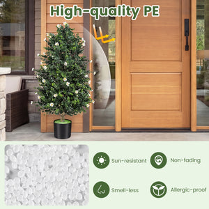 2 Pack Artificial Topiary Cone Tree Faux Potted Shrub Plant with 49 Flowers-White