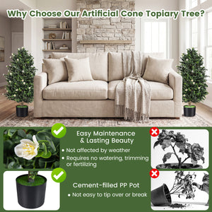 2 Pack Artificial Topiary Cone Tree Faux Potted Shrub Plant with 49 Flowers-White