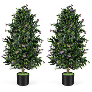 2 Pack Artificial Topiary Cone Tree Faux Potted Shrub Plant with 49 Flowers-purple