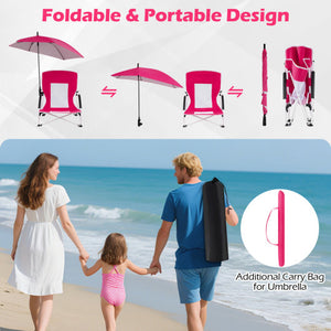 2 Pack Beach Umbrella Chair for Adults with Adjustable Parasol-Pink