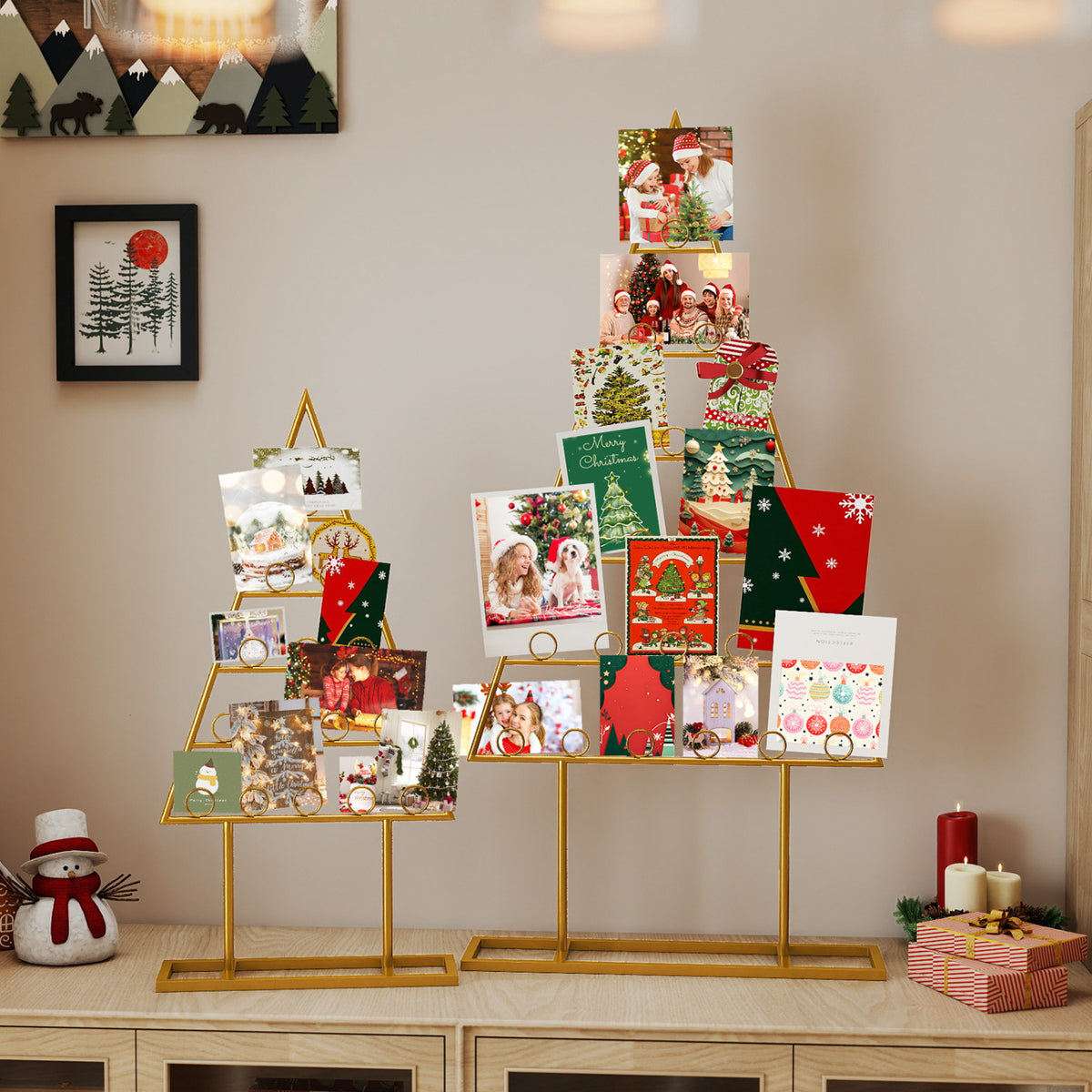 2 Pack Christmas Tree Photo Holder with 36 Round Clips and Metal Hanging Rack-Gloden
