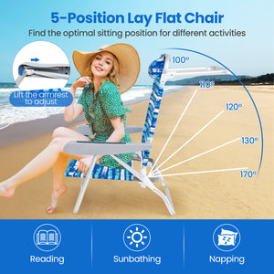 2 Pack Folding Beach Chair with Adjustable Positions and Head Pillow-Blue