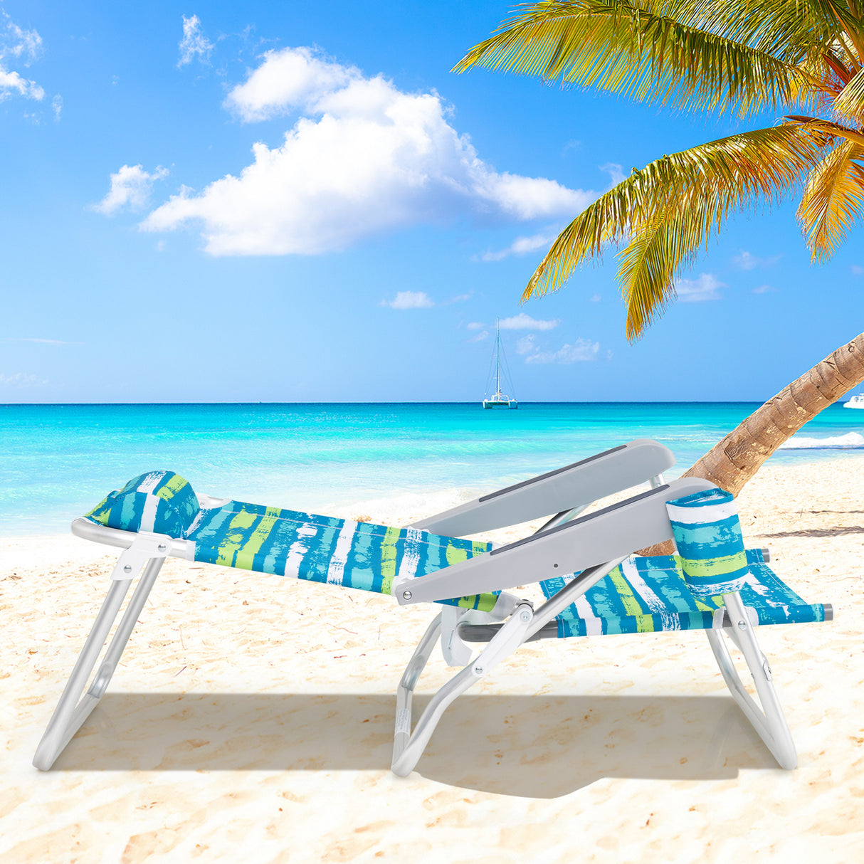 2 Pack Folding Beach Chair with Adjustable Positions and Head Pillow-Green