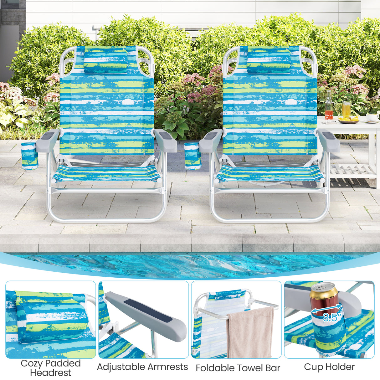 2 Pack Folding Beach Chair with Adjustable Positions and Head Pillow-Green