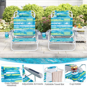 2 Pack Folding Beach Chair with Adjustable Positions and Head Pillow-Green