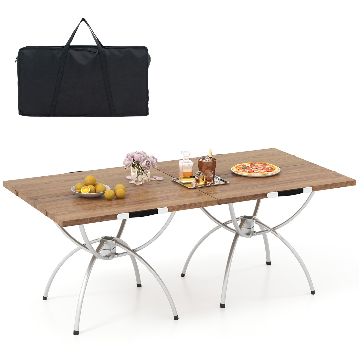 Patented 2 Pack Folding Camping Table with Wood-grain Tabletop for Hiking Party-Natural