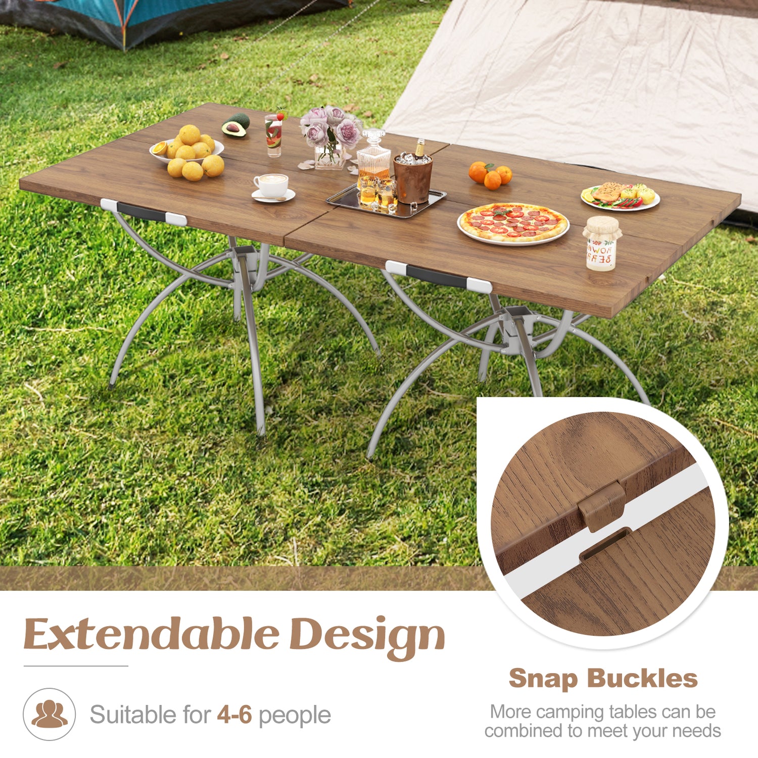 Patented 2 Pack Folding Camping Table with Wood-grain Tabletop for Hiking Party-Natural