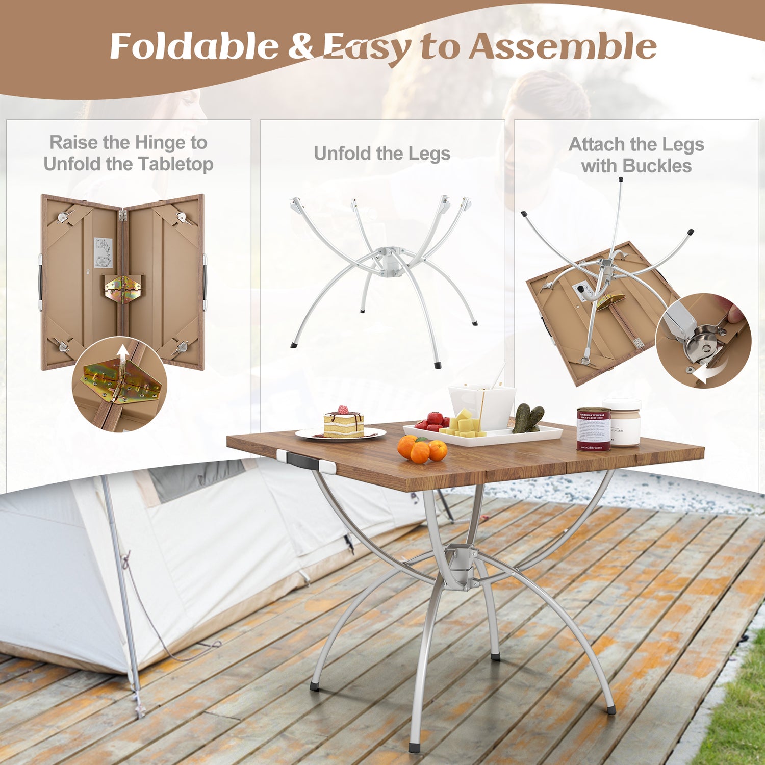 Patented 2 Pack Folding Camping Table with Wood-grain Tabletop for Hiking Party-Natural