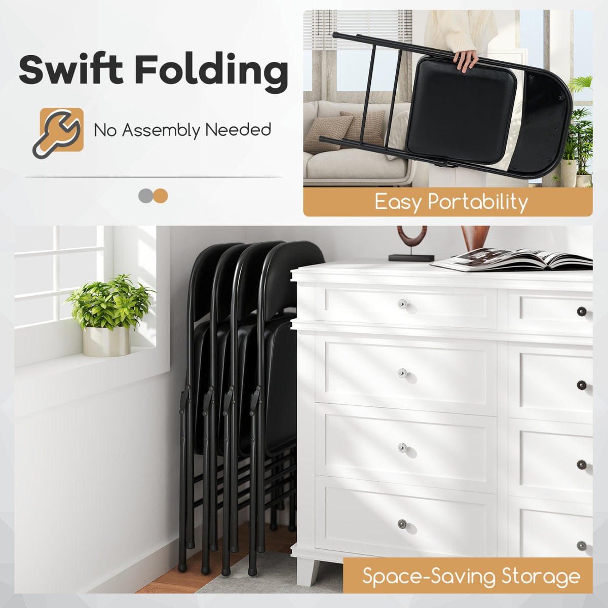4 Pack Folding Chairs with Metal Frame and PVC Leather for Indoor Outdoor-Black