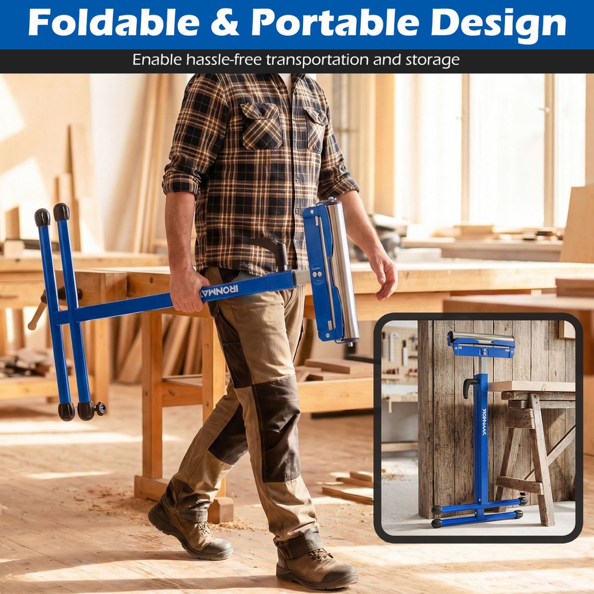 2-Pack Folding Roller Stands Portable Outfeed Supports with Adjustable Height-Blue