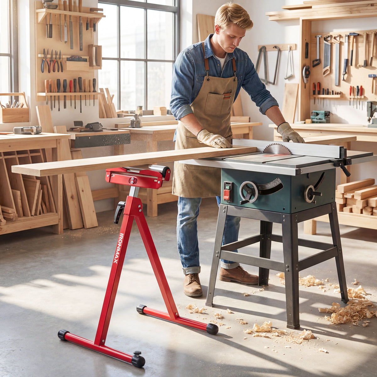 2-Pack Folding Roller Stands Portable Outfeed Supports with Adjustable Height-Red