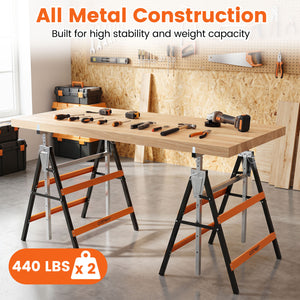 2 Pack Heavy Duty Metal Folding Saw Horses with Adjustable Height-Orange