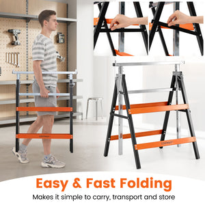2 Pack Heavy Duty Metal Folding Saw Horses with Adjustable Height-Orange