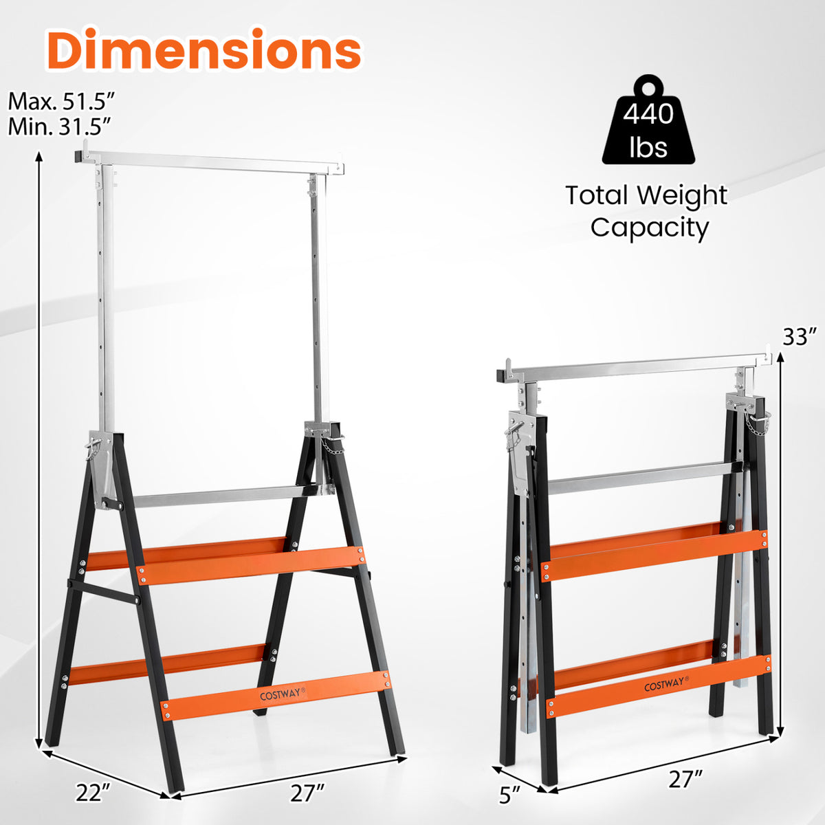 2 Pack Heavy Duty Metal Folding Saw Horses with Adjustable Height-Orange