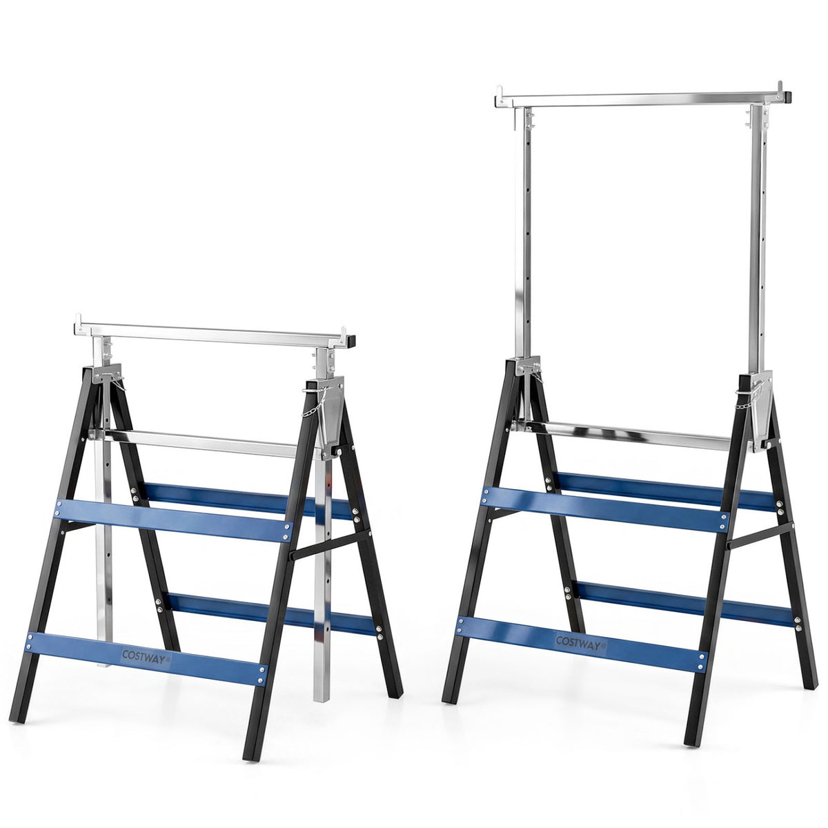 2 Pack Heavy Duty Metal Folding Saw Horses with Adjustable Height- Blue