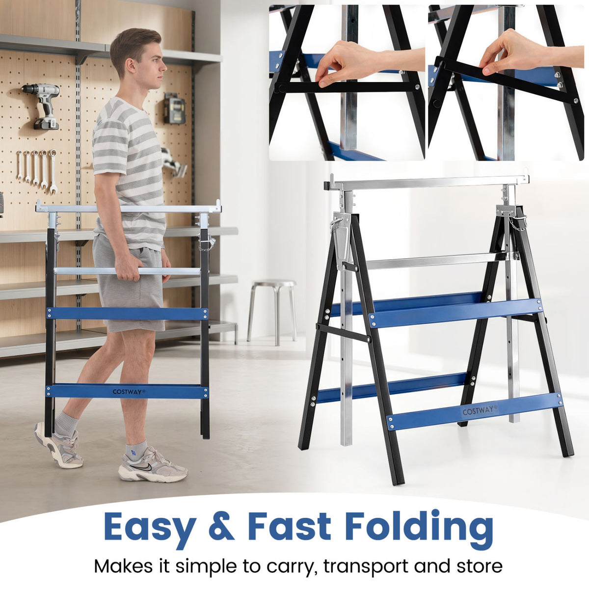 2 Pack Heavy Duty Metal Folding Saw Horses with Adjustable Height- Blue