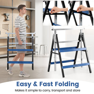 2 Pack Heavy Duty Metal Folding Saw Horses with Adjustable Height- Blue