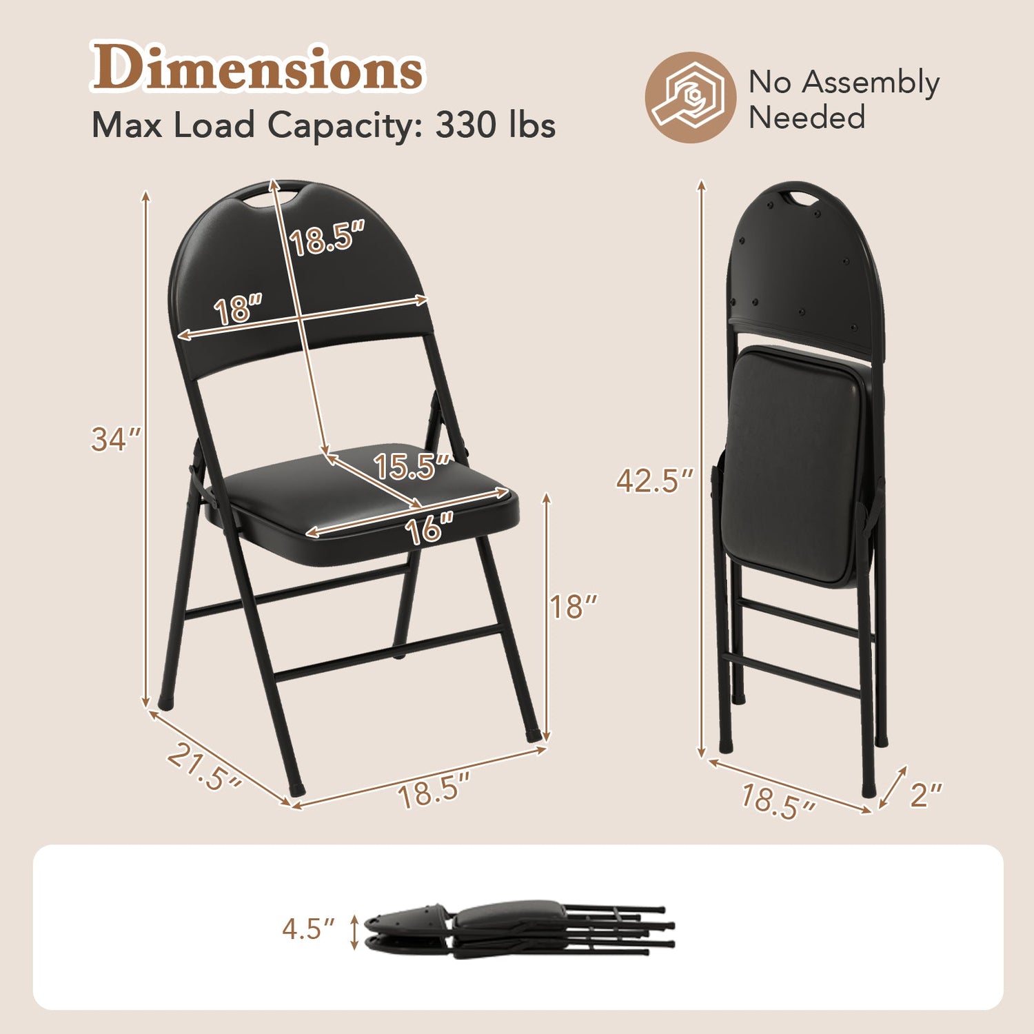 2 Pack Padded Folding Chairs with Metal Frame and Carry Handle-Black by DirectDeals