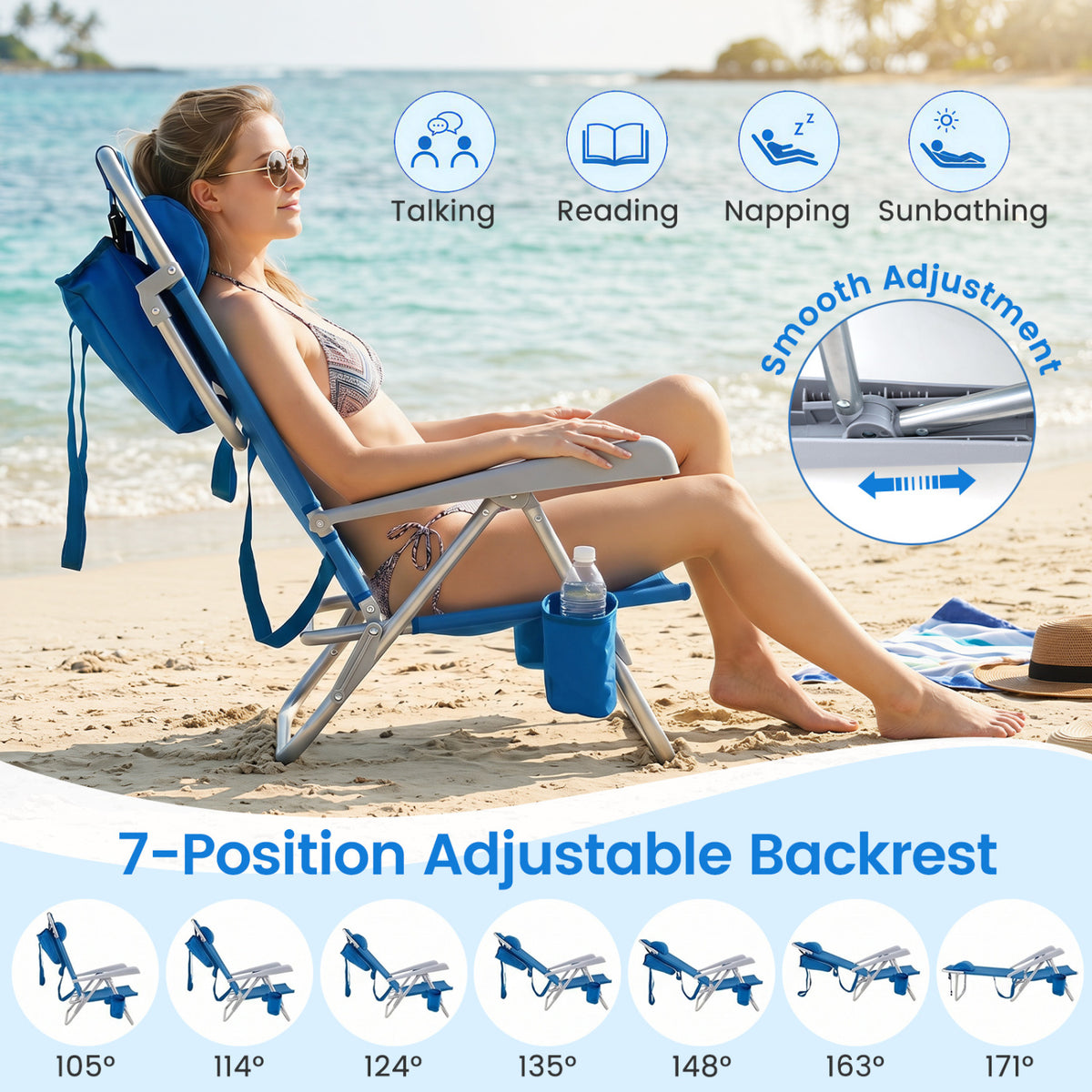 2 Pack Portable Folding Beach Chair with 7-Position Backrest-Navy