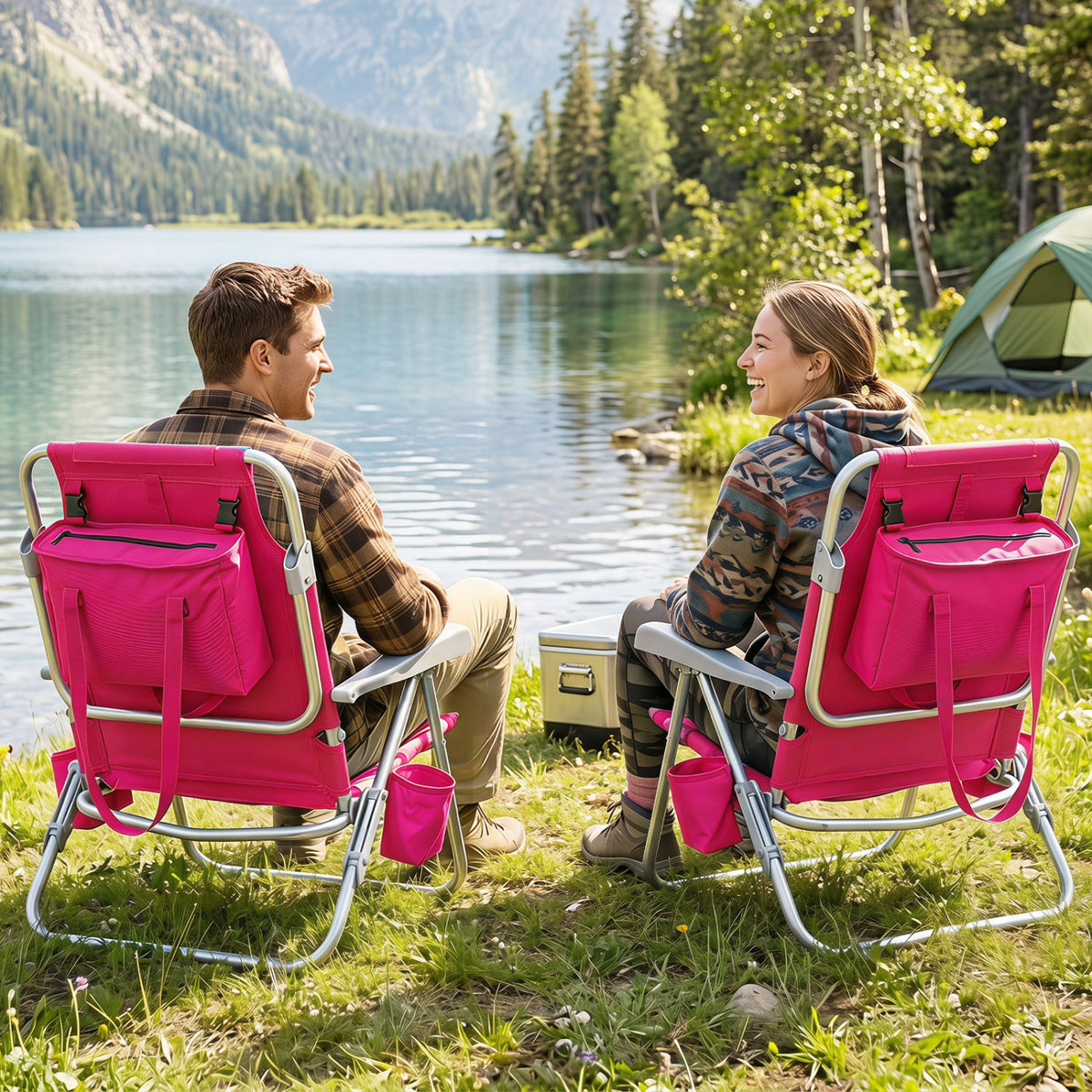 2 Pack Portable Folding Beach Chair with 7-Position Backrest-Pink