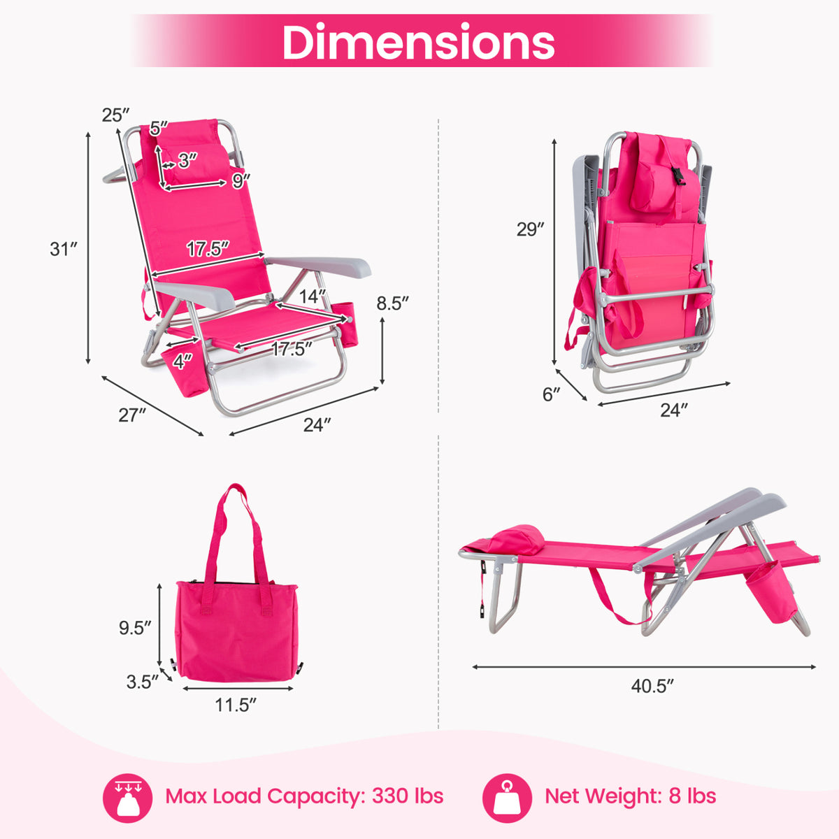 2 Pack Portable Folding Beach Chair with 7-Position Backrest-Pink
