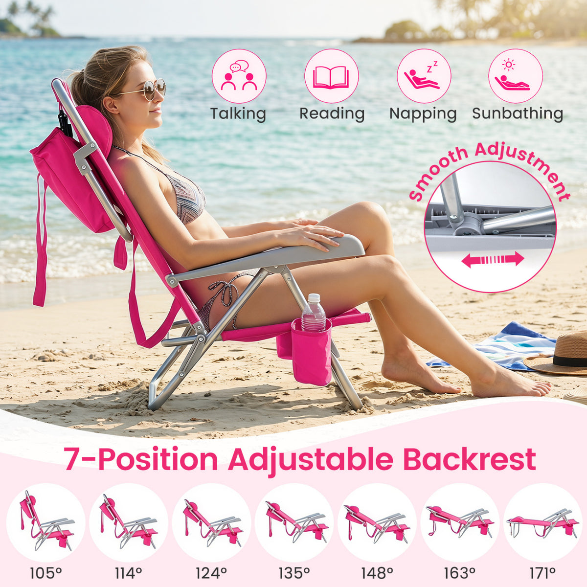 2 Pack Portable Folding Beach Chair with 7-Position Backrest-Pink