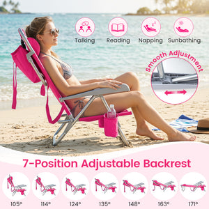 2 Pack Portable Folding Beach Chair with 7-Position Backrest-Pink