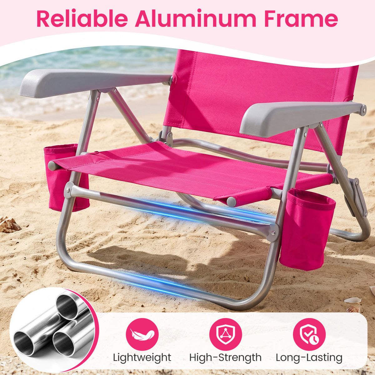 2 Pack Portable Folding Beach Chair with 7-Position Backrest-Pink