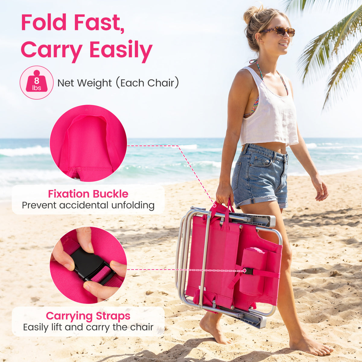2 Pack Portable Folding Beach Chair with 7-Position Backrest-Pink