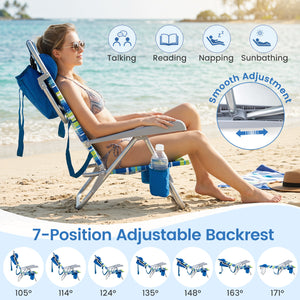 2 Pack Portable Folding Beach Chair with 7-Position Backrest-Blue
