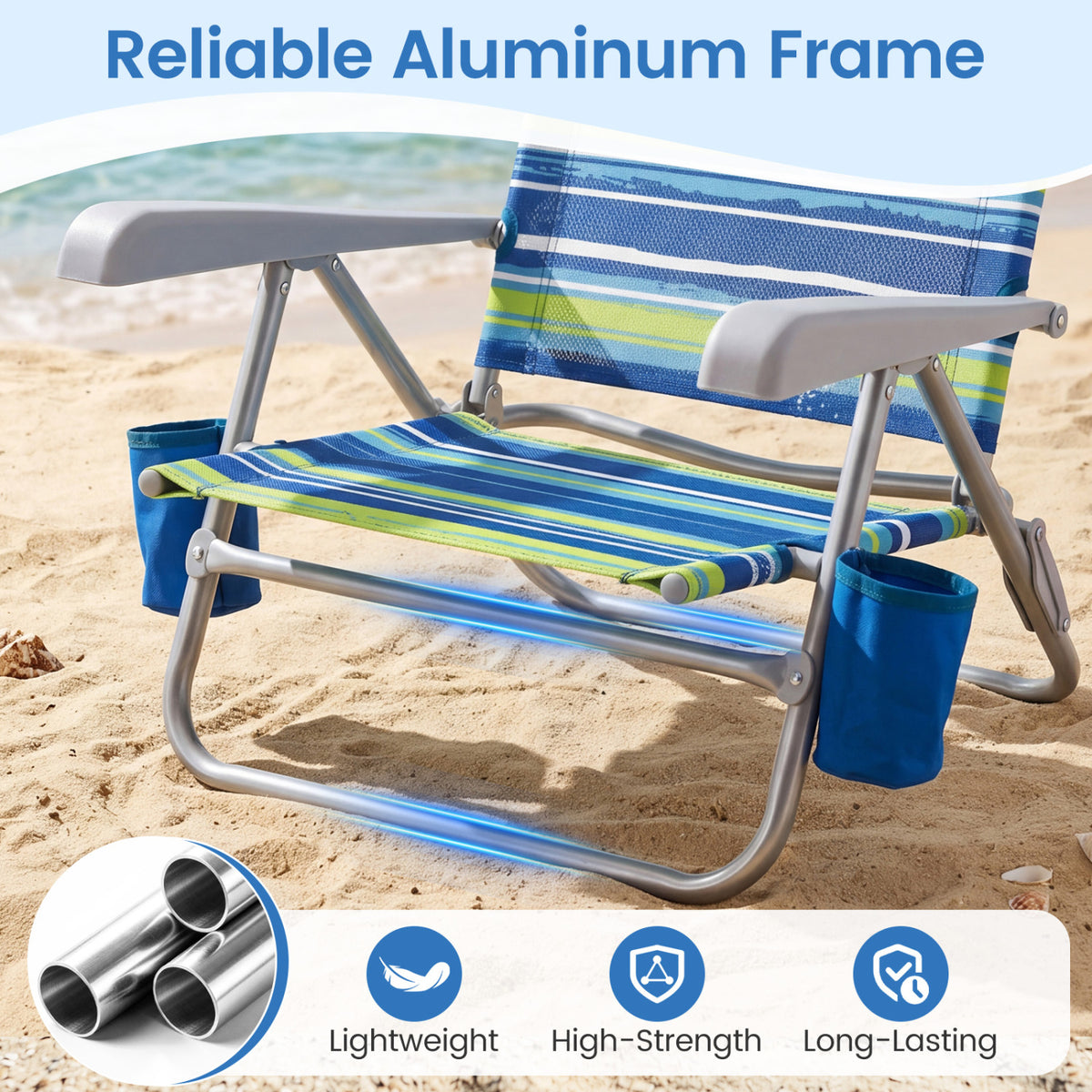 2 Pack Portable Folding Beach Chair with 7-Position Backrest-Blue