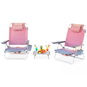 2 Packs 5-Position Outdoor Folding Backpack Beach Table Chair Reclining Chair Set-Pink