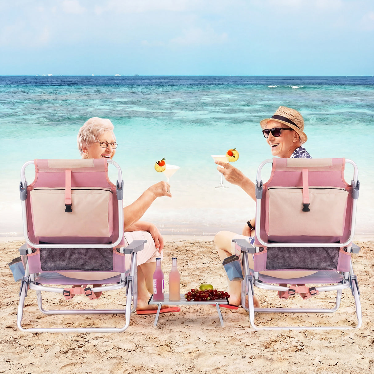 2 Packs 5-Position Outdoor Folding Backpack Beach Table Chair Reclining Chair Set-Pink