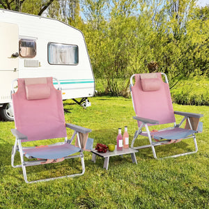 2 Packs 5-Position Outdoor Folding Backpack Beach Table Chair Reclining Chair Set-Pink