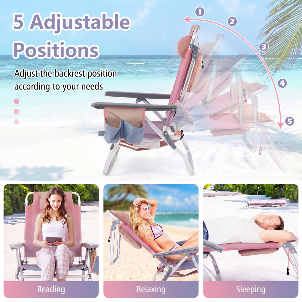 2 Packs 5-Position Outdoor Folding Backpack Beach Table Chair Reclining Chair Set-Pink