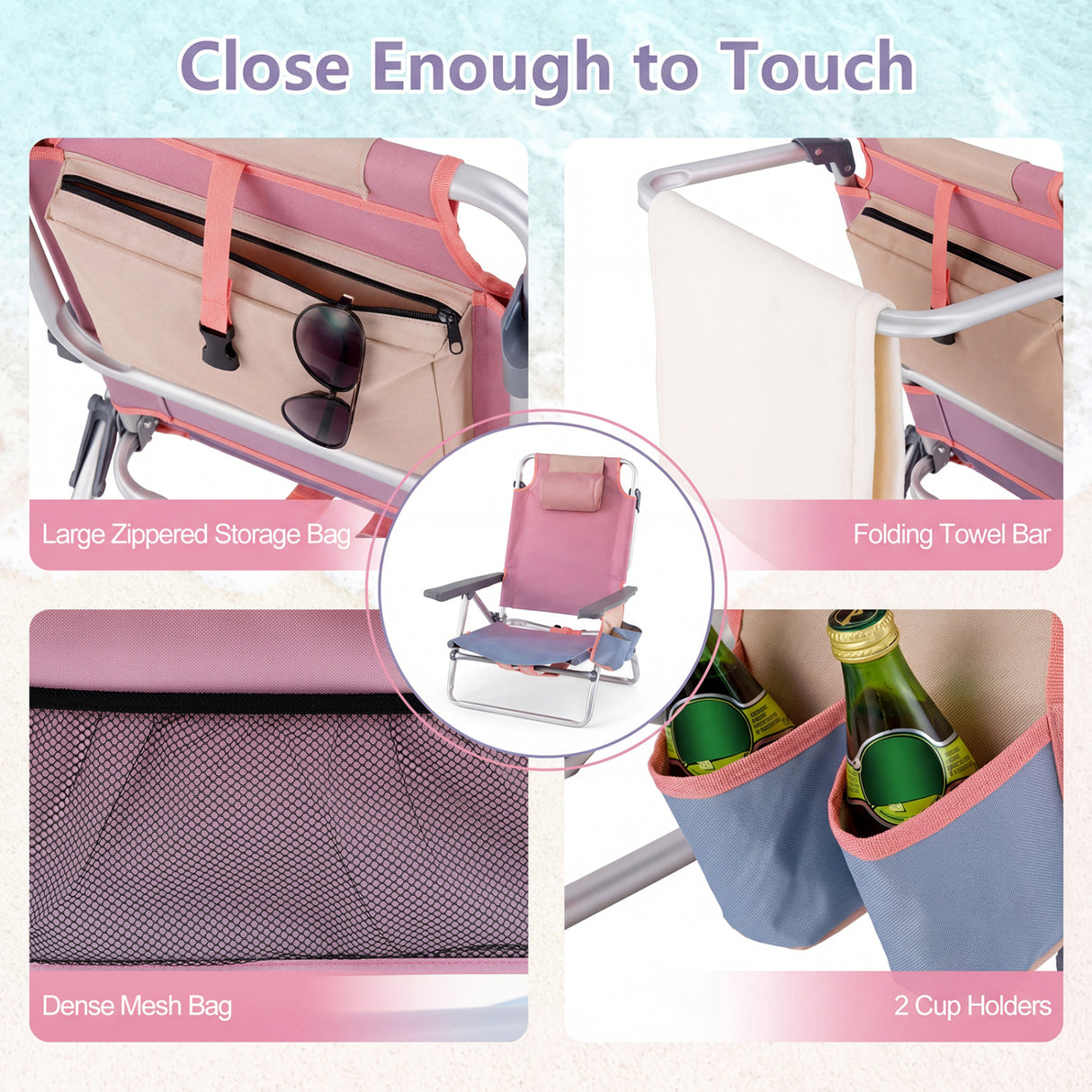 2 Packs 5-Position Outdoor Folding Backpack Beach Table Chair Reclining Chair Set-Pink