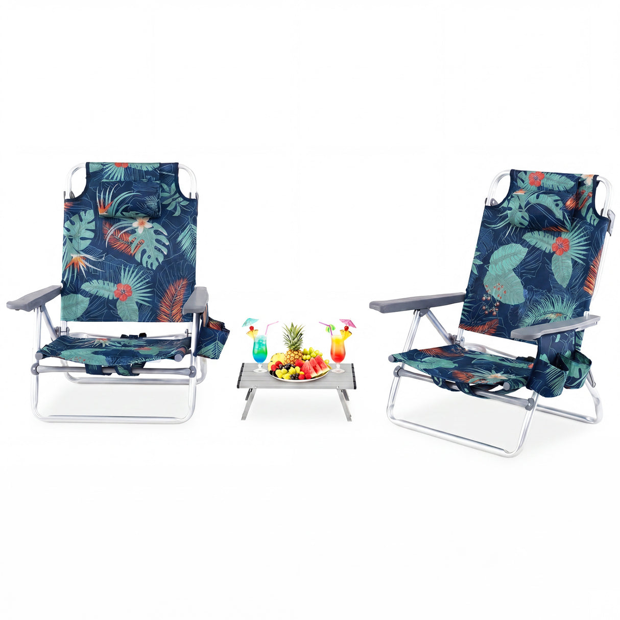 2 Packs 5-Position Outdoor Folding Backpack Beach Table Chair Reclining Chair Set-Green