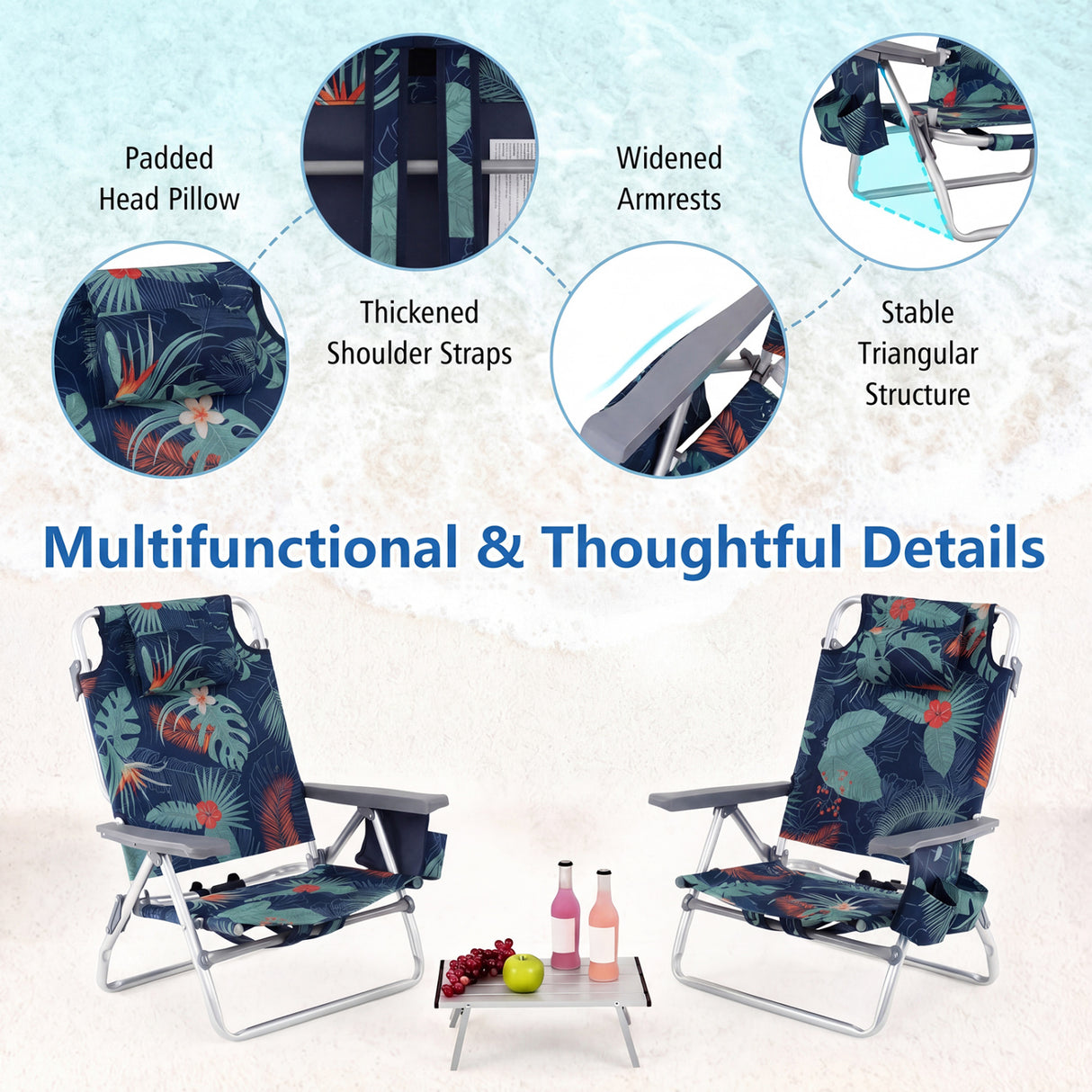 2 Packs 5-Position Outdoor Folding Backpack Beach Table Chair Reclining Chair Set-Green