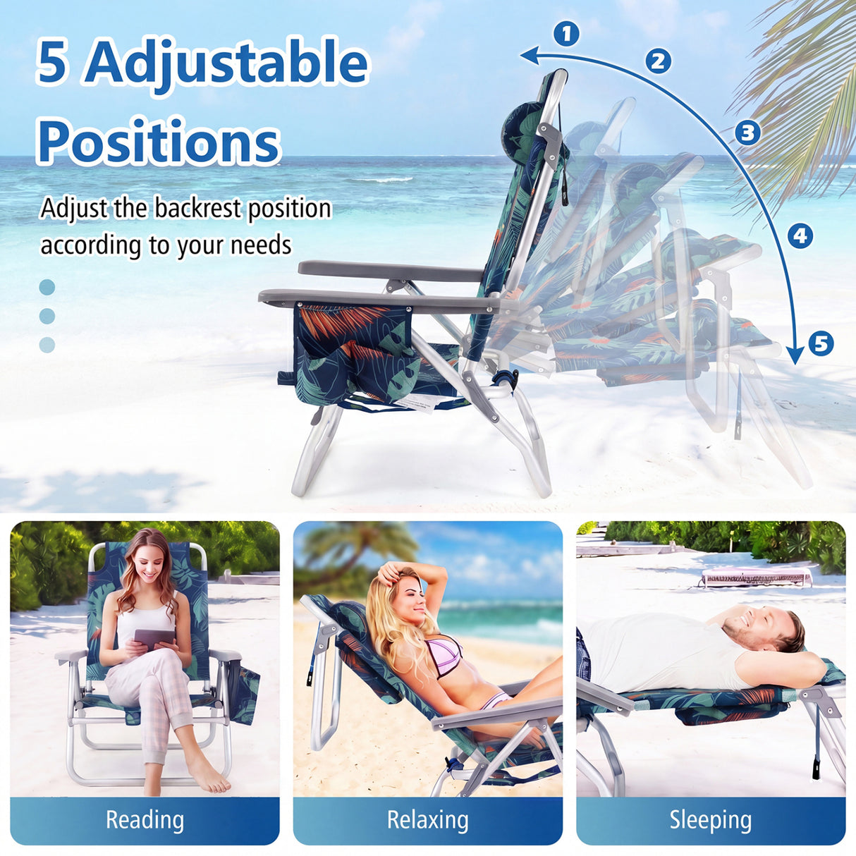 2 Packs 5-Position Outdoor Folding Backpack Beach Table Chair Reclining Chair Set-Green